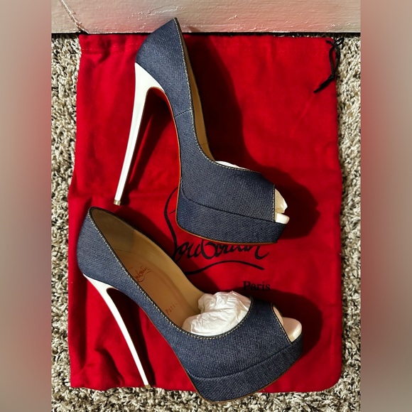 CHRISTIAN LOUBOUTIN LADY PEEP HEELS 150 DENIM JAZZ CALF BLB8 BLUE WHITE 38.5 - Picture 3 of 5